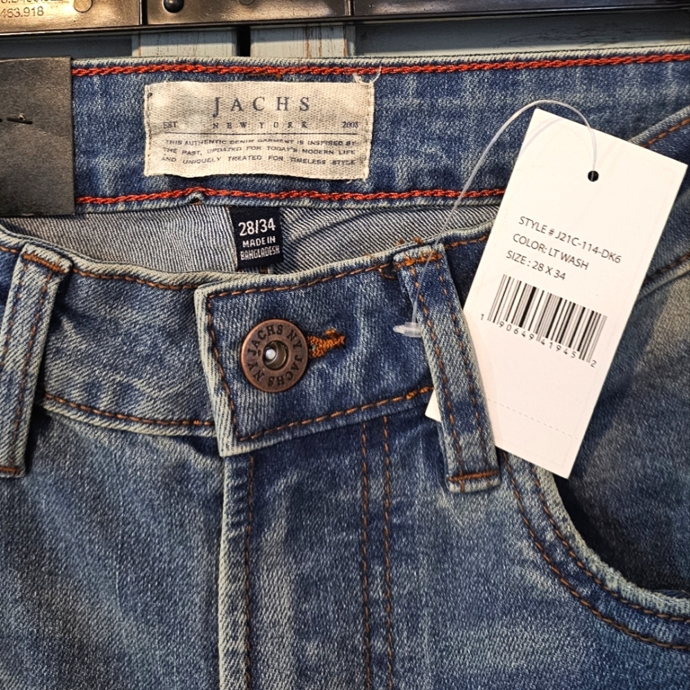 NWT JACHS New York Authentic Denim Mens 28/34 Lt Wash Straight Fit Straight Leg